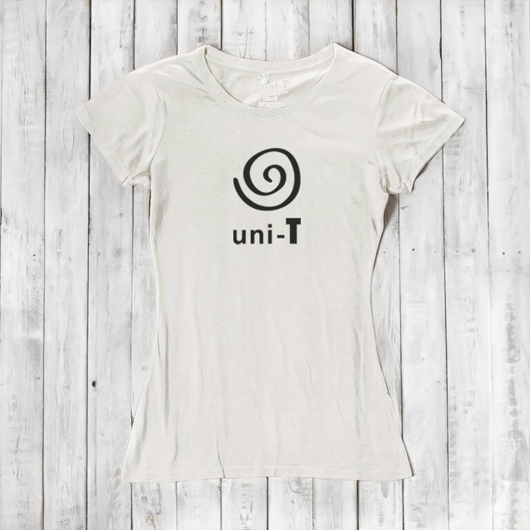 Women's Uni-T Logo T-Shirt in white bamboo and organic cotton with black spiral design, eco-friendly inspirational tee for her.