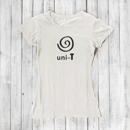 Women's Uni-T Logo T-Shirt in white bamboo and organic cotton with black spiral design, eco-friendly inspirational tee for her.