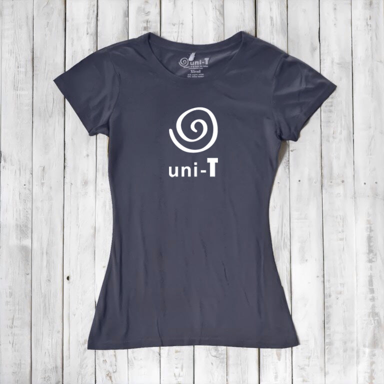 Women's Uni-T Logo T-Shirt in navy bamboo and organic cotton, featuring white spiral unity design, eco-conscious wardrobe staple.