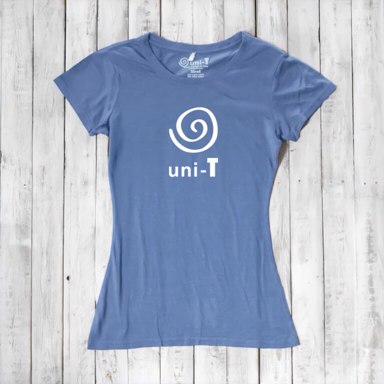 Women's Uni-T Logo T-Shirt in sky blue bamboo and organic cotton, with white spiral unity print, sustainable and soft everyday tee.