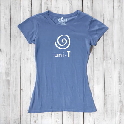 Women's Uni-T Logo T-Shirt in sky blue bamboo and organic cotton, with white spiral unity print, sustainable and soft everyday tee.