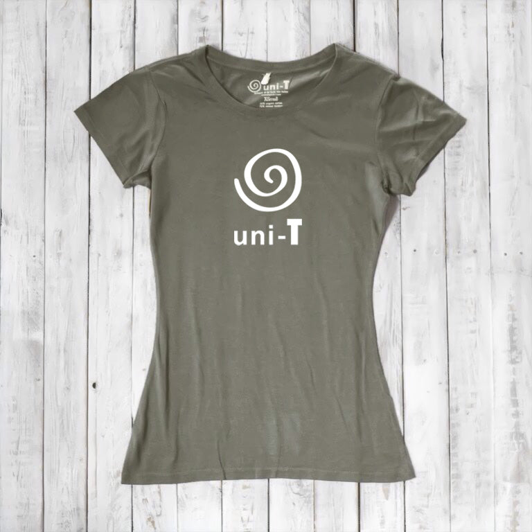 Women's Uni-T Logo T-Shirt in olive green bamboo and organic cotton, featuring white spiral unity symbol, eco-friendly gift for her.