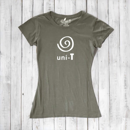 Women's Uni-T Logo T-Shirt in olive green bamboo and organic cotton, featuring white spiral unity symbol, eco-friendly gift for her.