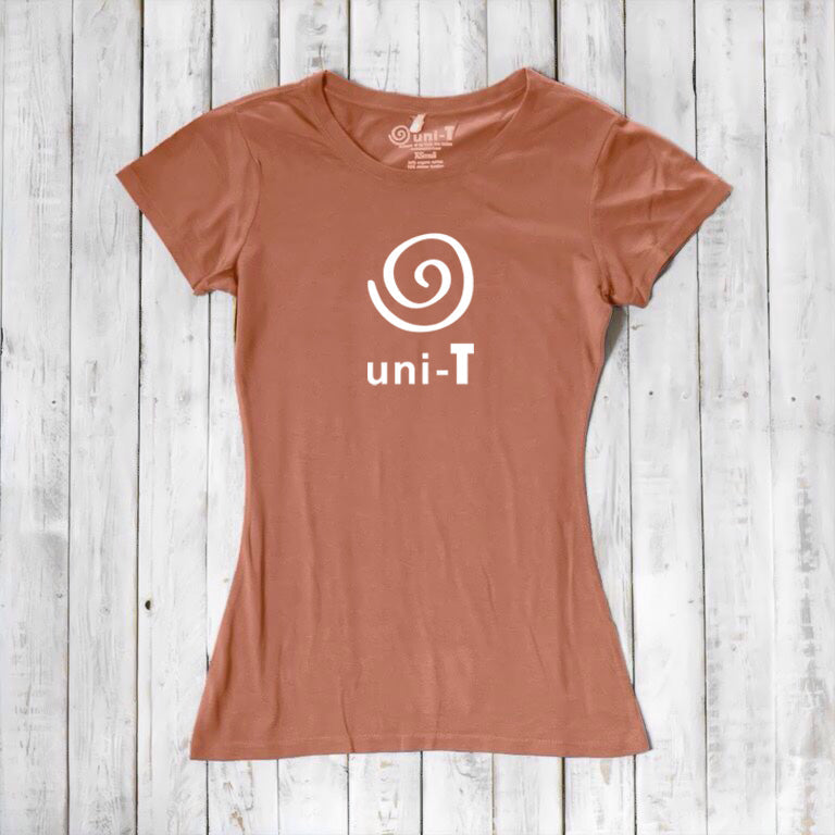 Women's Uni-T Logo T-Shirt in terracotta bamboo and organic cotton, with white spiral unity graphic, sustainable fashion statement.