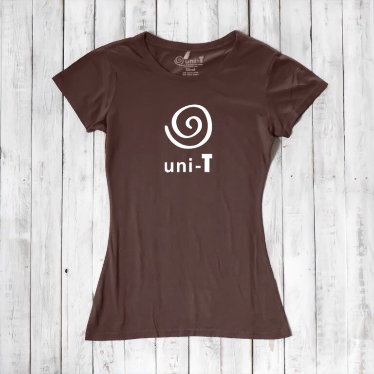 Women's Uni-T Logo T-Shirt in chocolate brown bamboo and organic cotton, featuring white spiral unity logo, ethical and soft tee.