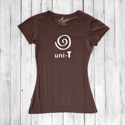Women's Uni-T Logo T-Shirt in chocolate brown bamboo and organic cotton, featuring white spiral unity logo, ethical and soft tee.