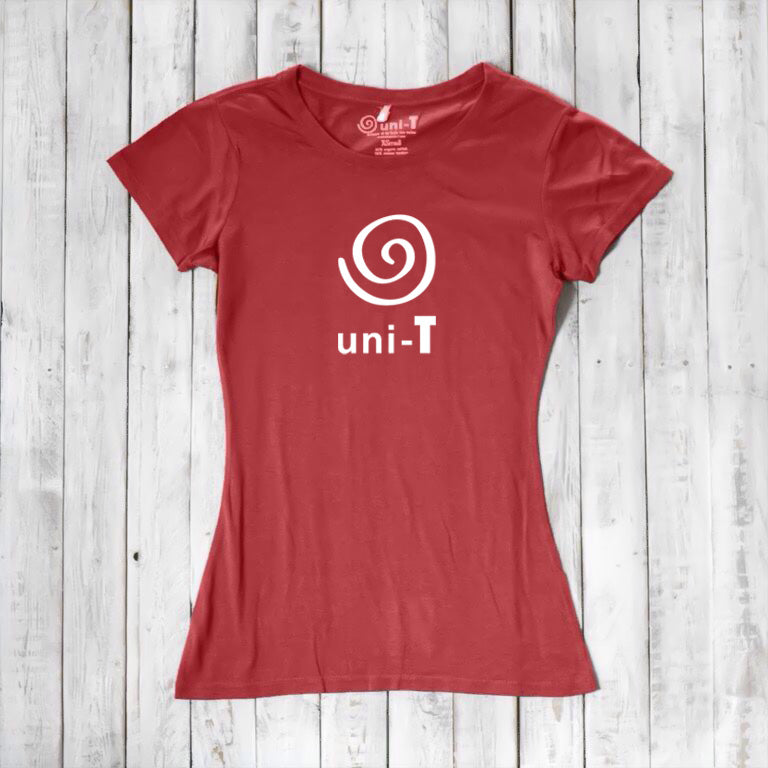 Women's Uni-T Logo T-Shirt in red bamboo and organic cotton, with white spiral unity design, perfect sustainable gift for her.