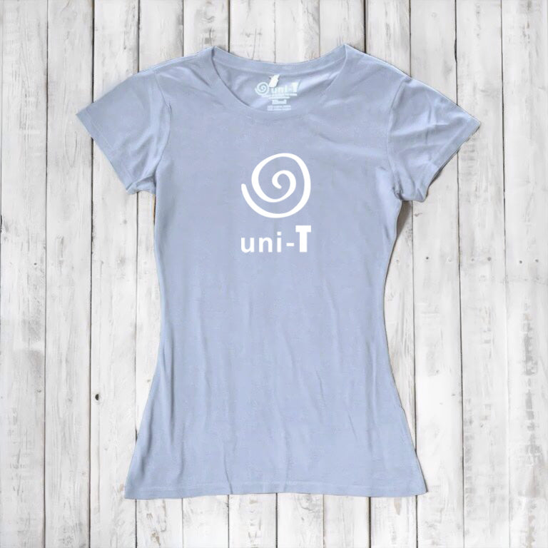 Women's Uni-T Logo T-Shirt in light lavender bamboo and organic cotton, featuring white spiral unity print, eco-conscious apparel.