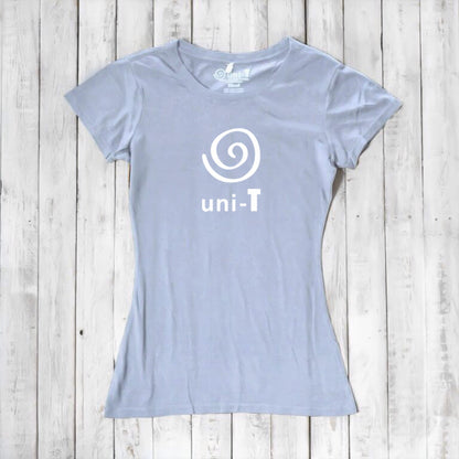Women's Uni-T Logo T-Shirt in light lavender bamboo and organic cotton, featuring white spiral unity print, eco-conscious apparel.