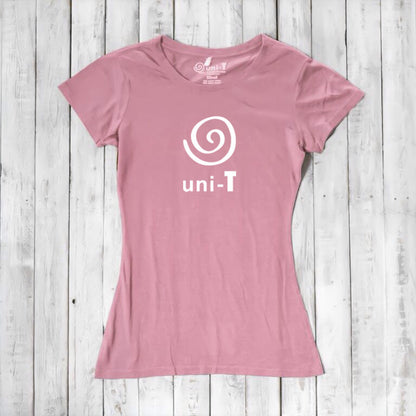 Women's Uni-T Logo T-Shirt in soft pink bamboo and organic cotton, with white spiral unity graphic, sustainable and stylish tee.