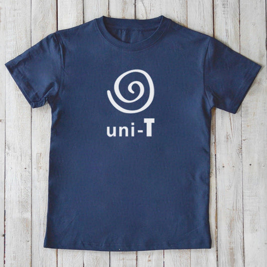 Kids' Unity T-Shirt in navy blue organic cotton featuring Uni-T kindness brand spiral logo. Eco-friendly graphic tee for children.