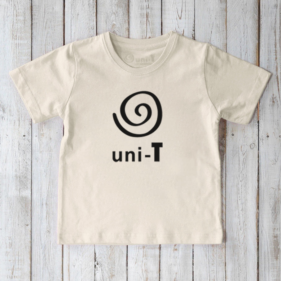 Children's Unity T-Shirt in natural cream organic cotton with black Uni-T logo. Sustainable graphic top for everyday wear.