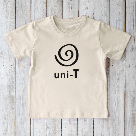 Children's Unity T-Shirt in natural cream organic cotton with black Uni-T logo. Sustainable graphic top for everyday wear.
