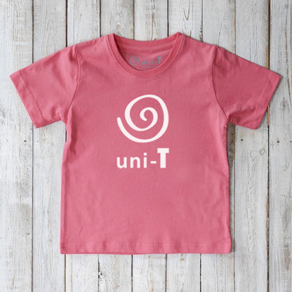 Pink Kids' Unity T-Shirt made from eco-friendly organic cotton with white Uni-T spiral logo. Soft and sustainable graphic tee.