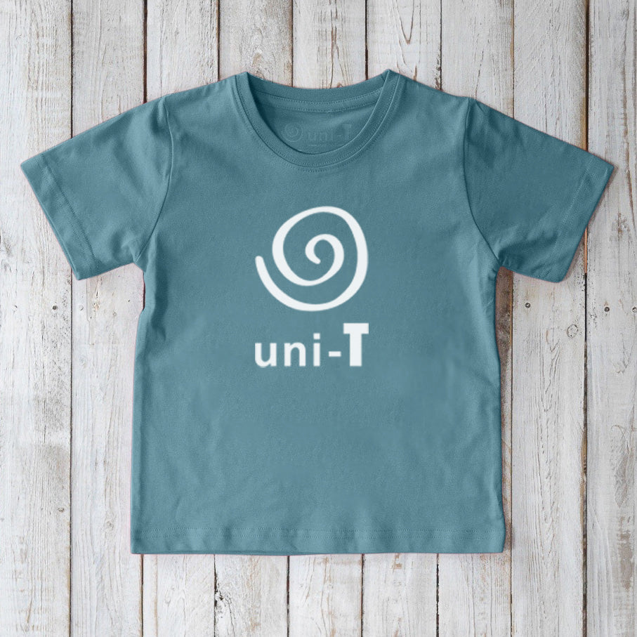 Teal blue Unity T-Shirt for kids in organic cotton, featuring white Uni-T kindness brand logo. Comfortable and sustainable top.