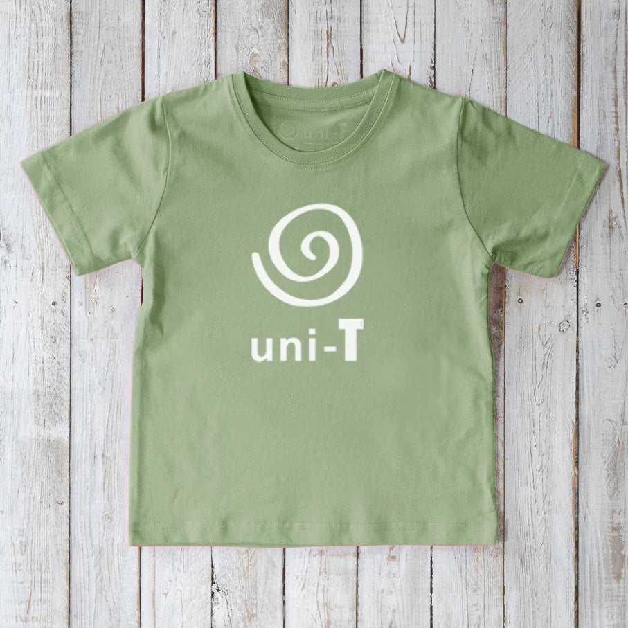 Light green organic cotton Unity T-Shirt for children with white Uni-T logo. Eco-conscious everyday graphic tee.