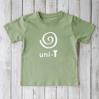 Light green organic cotton Unity T-Shirt for children with white Uni-T logo. Eco-conscious everyday graphic tee.
