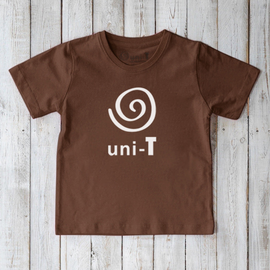 Brown Kids' Unity T-Shirt in sustainable organic cotton with white Uni-T spiral logo. Ethical and stylish graphic shirt.