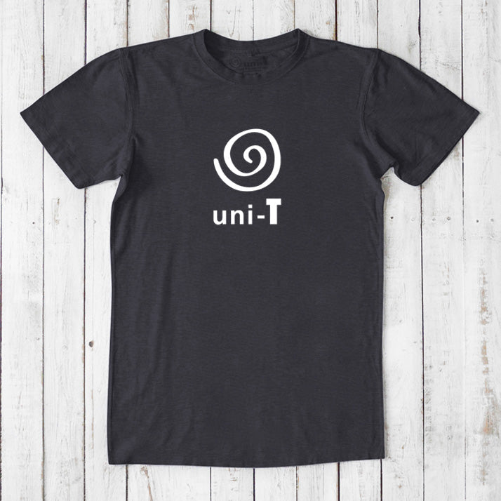 Men's Uni-T Logo T-Shirt in black bamboo and organic cotton with white spiral design, sustainable classic fit unity tee for casual wear.