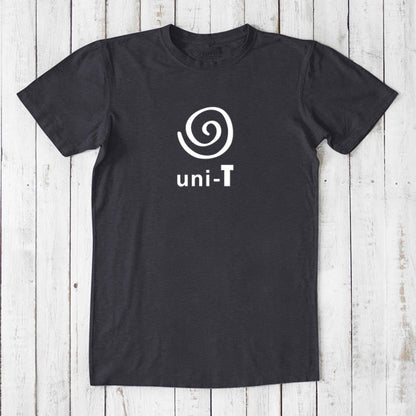 Men's Uni-T Logo T-Shirt in black bamboo and organic cotton with white spiral design, sustainable classic fit unity tee for casual wear.