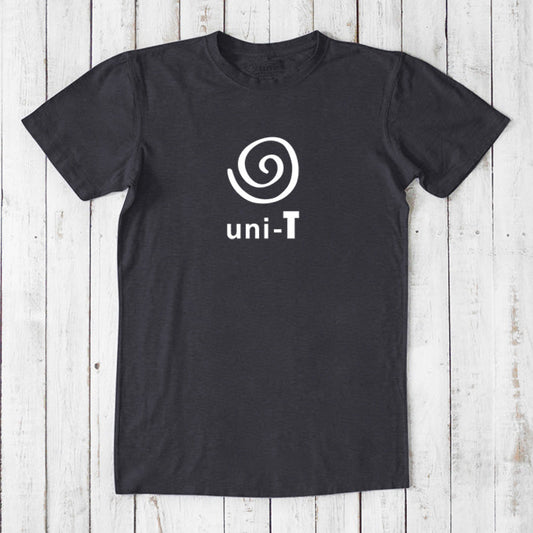 Men's Uni-T Logo T-Shirt in black bamboo and organic cotton with white spiral design, sustainable classic fit unity tee for casual wear.