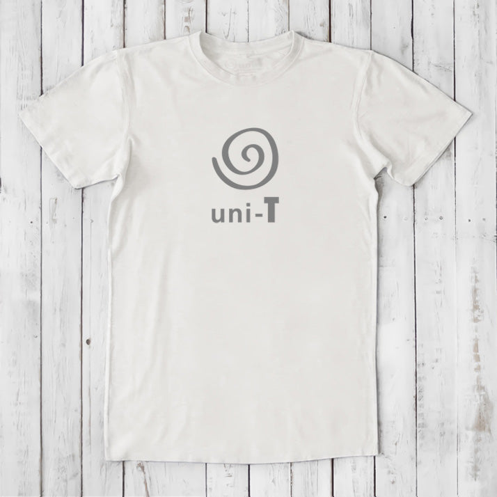 Men's Uni-T Logo T-Shirt in white bamboo and organic cotton with grey spiral print, eco-friendly unity message tee in classic fit.