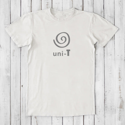 Men's Uni-T Logo T-Shirt in white bamboo and organic cotton with grey spiral print, eco-friendly unity message tee in classic fit.