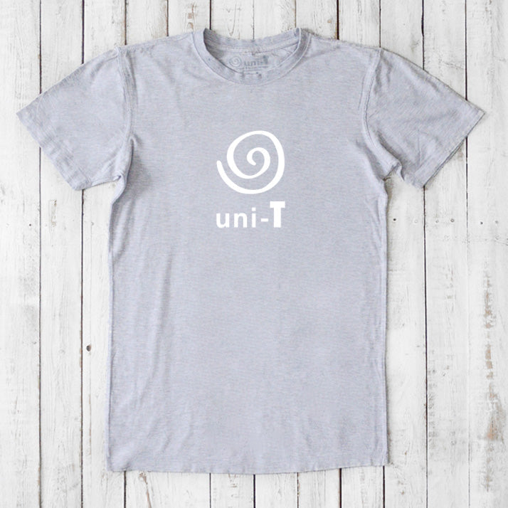 Slate grey Men's Uni-T Logo T-Shirt in bamboo and organic cotton, white spiral unity graphic, soft sustainable classic fit tee.