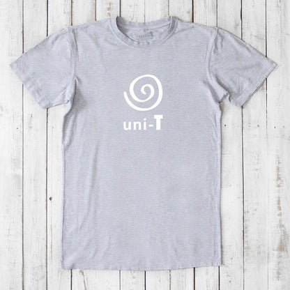 Slate grey Men's Uni-T Logo T-Shirt in bamboo and organic cotton, white spiral unity graphic, soft sustainable classic fit tee.