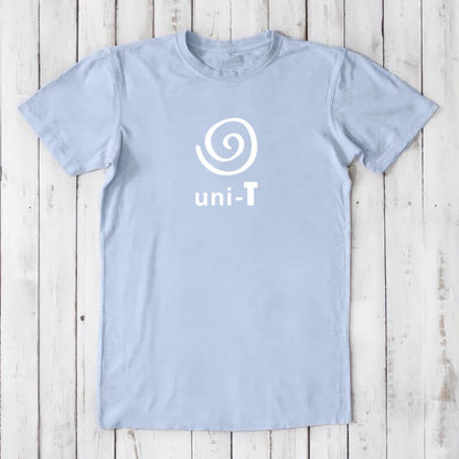 Light blue Men's Uni-T Logo T-Shirt crafted from bamboo and organic cotton, white spiral unity design, eco-conscious casual fashion.