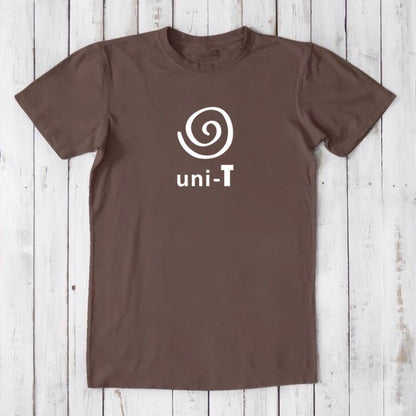 Light brown Men's Uni-T Logo T-Shirt with white spiral unity design, made from bamboo and organic cotton for sustainable comfort.