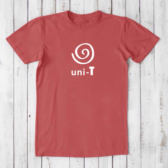 Red Men's Uni-T Logo T-Shirt in bamboo and organic cotton, featuring bold white spiral unity graphic, eco-friendly statement tee.
