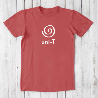 Red Men's Uni-T Logo T-Shirt in bamboo and organic cotton, featuring bold white spiral unity graphic, eco-friendly statement tee.