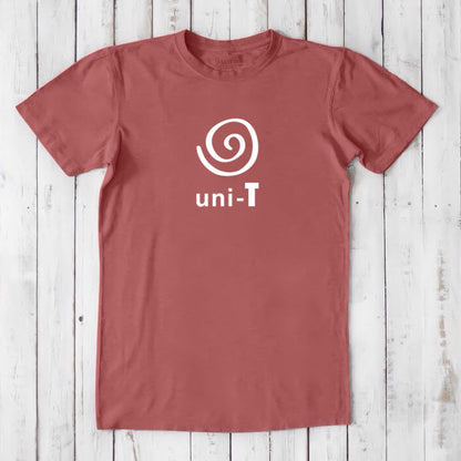 Red clay Men's Uni-T Logo T-Shirt with white spiral unity logo, crafted from bamboo and organic cotton, sustainable classic fit tee.