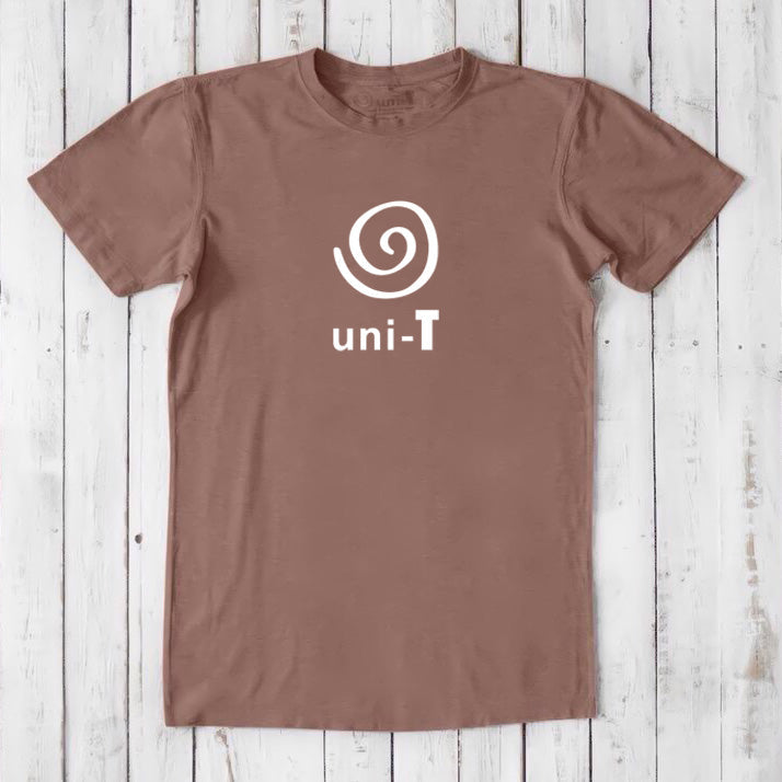 Brown Men's Uni-T Logo T-Shirt in bamboo and organic cotton, white spiral unity design, eco-conscious casual wear for men.