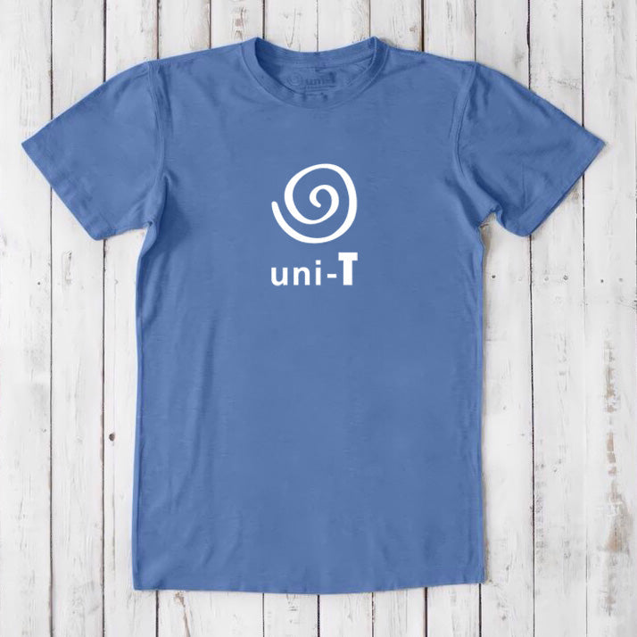 Blue Men's Uni-T Logo T-Shirt made from bamboo and organic cotton, white spiral unity graphic, sustainable and stylish gift idea.