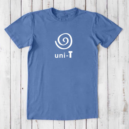 Blue Men's Uni-T Logo T-Shirt made from bamboo and organic cotton, white spiral unity graphic, sustainable and stylish gift idea.
