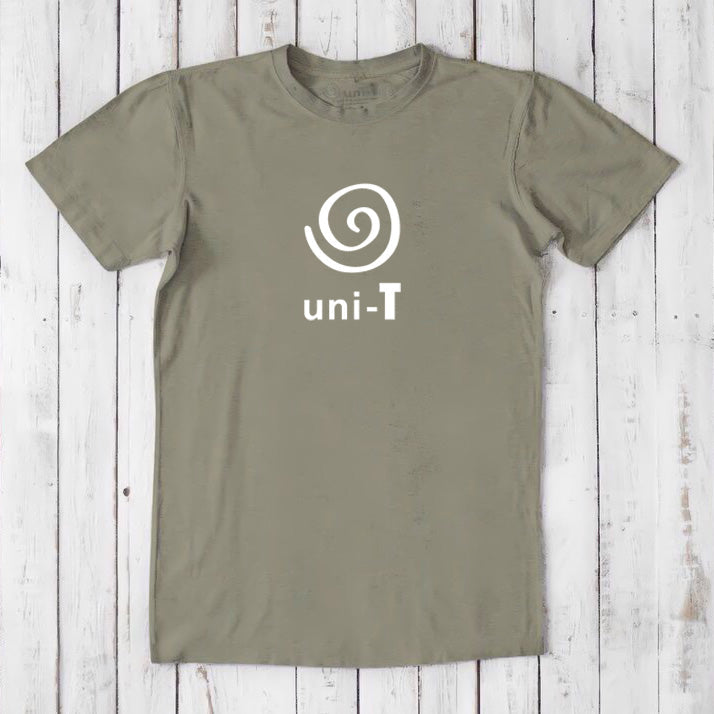 Olive green Men's Uni-T Logo T-Shirt in bamboo and organic cotton, white spiral unity design, eco-friendly casual statement tee.
