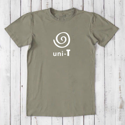 Olive green Men's Uni-T Logo T-Shirt in bamboo and organic cotton, white spiral unity design, eco-friendly casual statement tee.