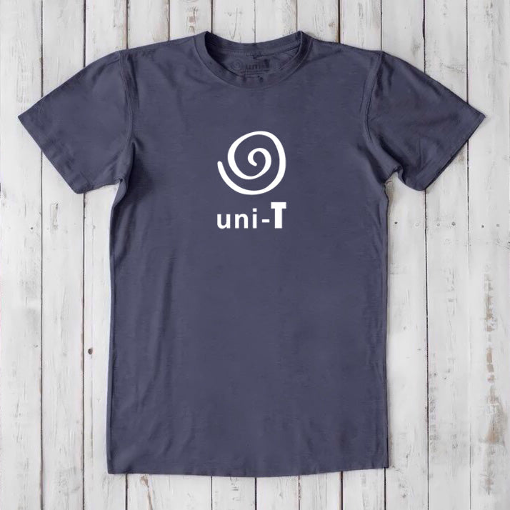 Navy Men's Uni-T Logo T-Shirt with white spiral unity print, made from bamboo and organic cotton, sustainable classic fit for men.