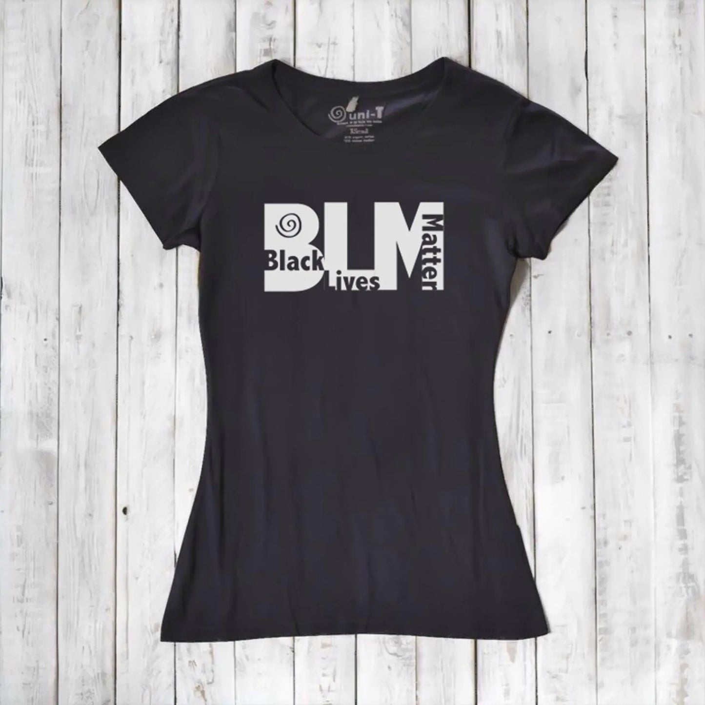 Women's Black Lives Matter T-Shirt in black bamboo and organic cotton with bold BLM graphic. Eco-friendly activist tee by Uni-T.
