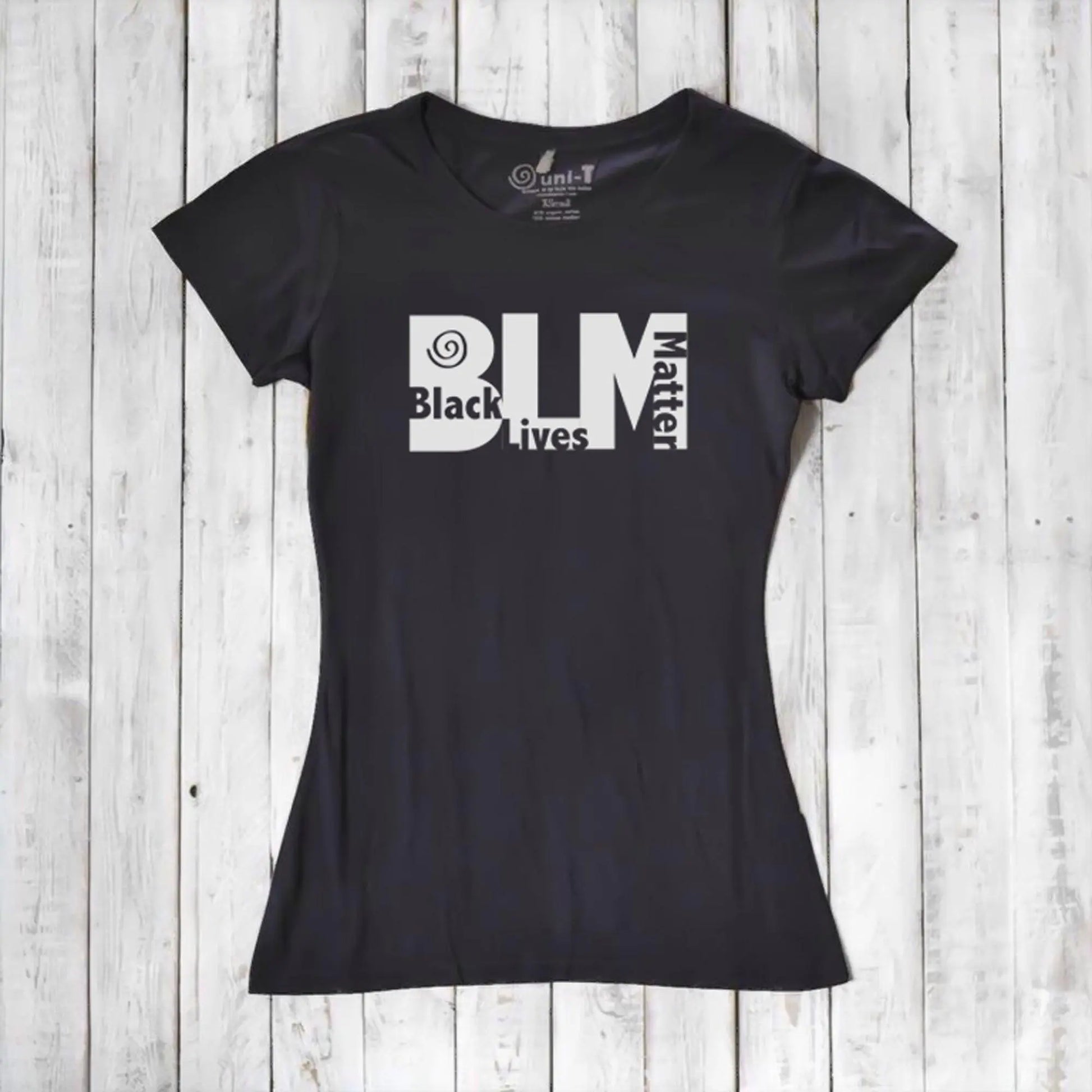 Women's Black Lives Matter T-Shirt in black bamboo and organic cotton with bold BLM graphic. Eco-friendly activist tee by Uni-T.