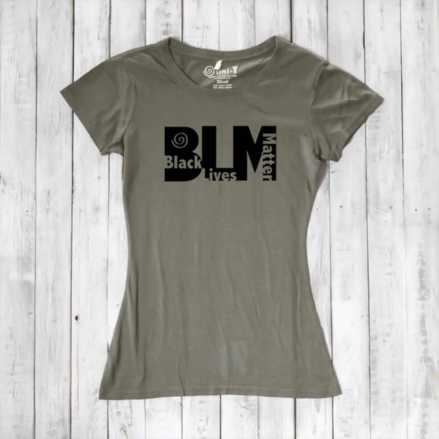 Olive green Women's BLM T-Shirt in bamboo and organic cotton. Sustainable graphic tee supporting equality and social justice.