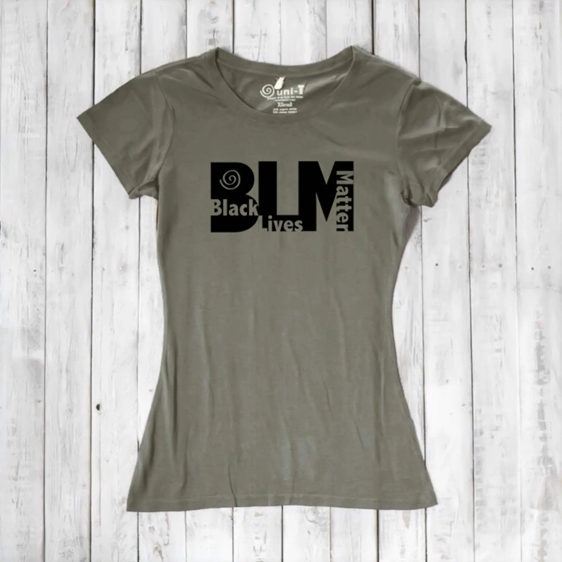 Olive green Women's BLM T-Shirt in bamboo and organic cotton. Sustainable graphic tee supporting equality and social justice.