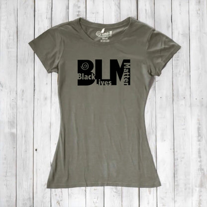 Olive green Women's BLM T-Shirt in bamboo and organic cotton. Sustainable graphic tee supporting equality and social justice.