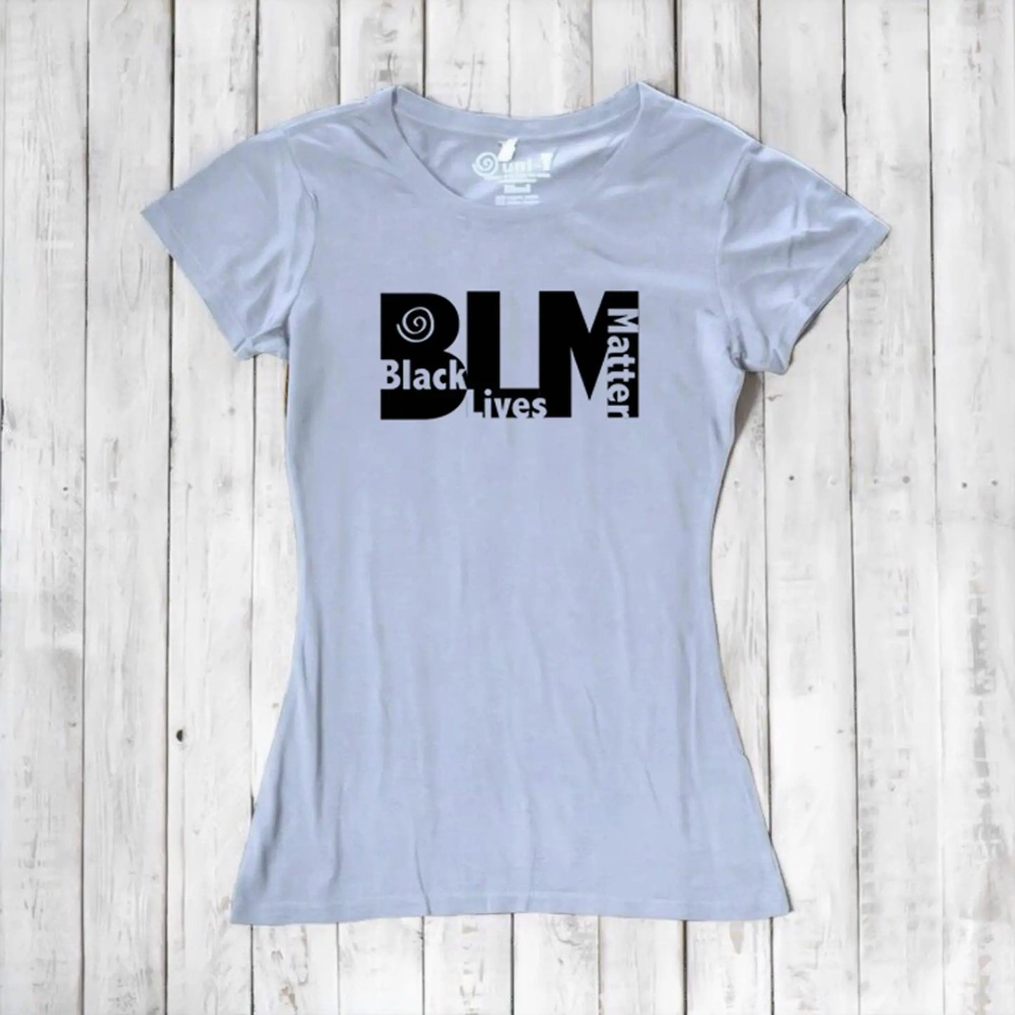 Light blue Women's Black Lives Matter T-Shirt in eco-friendly bamboo and organic cotton. Statement tee by Uni-T for activists.
