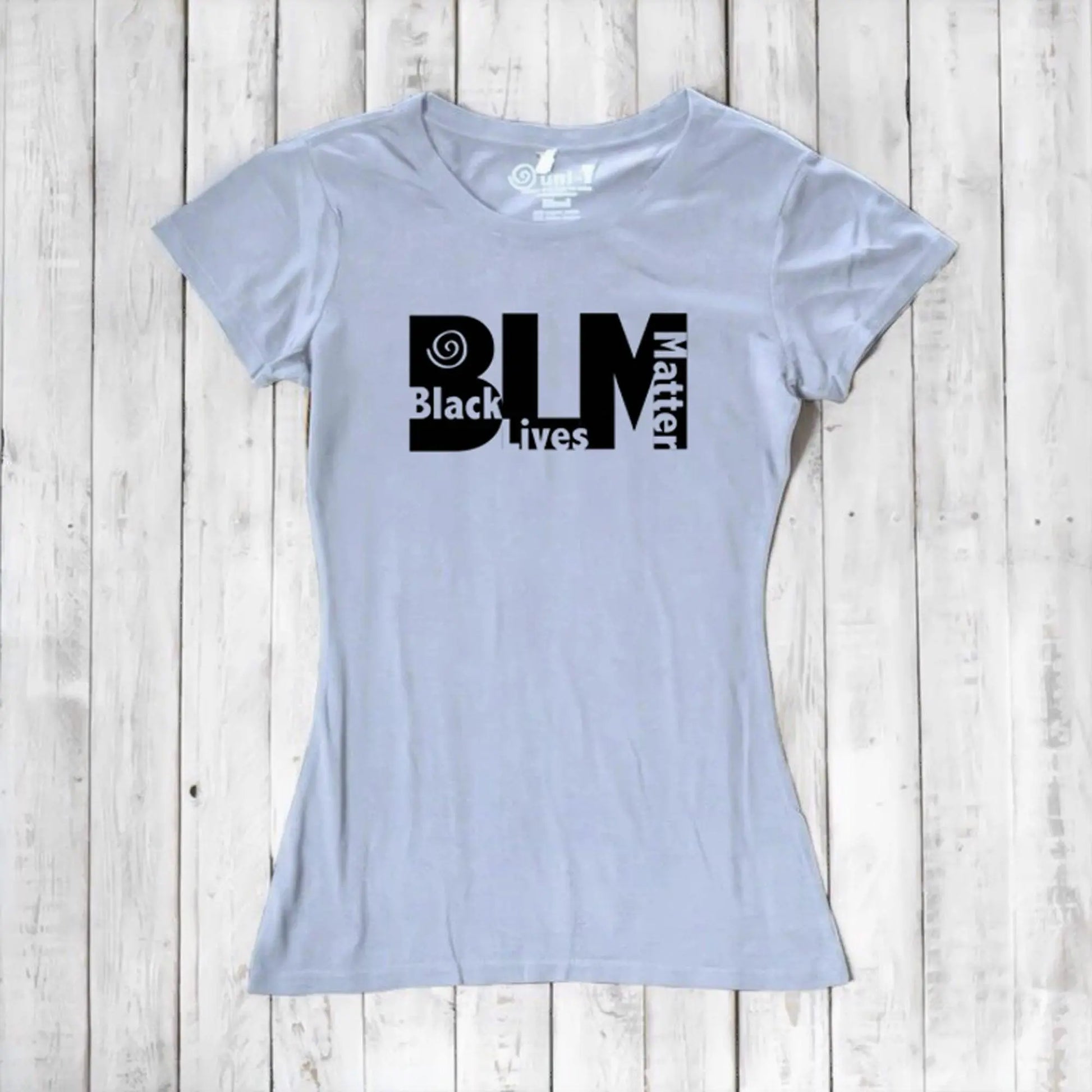 Light blue Women's Black Lives Matter T-Shirt in eco-friendly bamboo and organic cotton. Statement tee by Uni-T for activists.