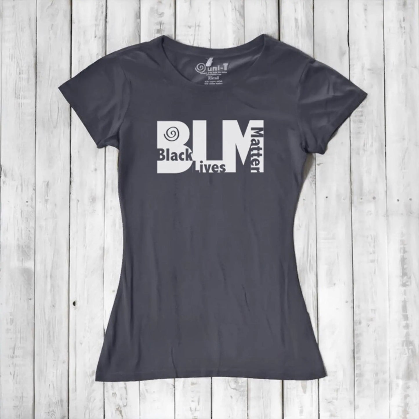 Charcoal gray Women's BLM T-Shirt in bamboo and organic cotton. Ethical fashion tee promoting social justice by Uni-T.