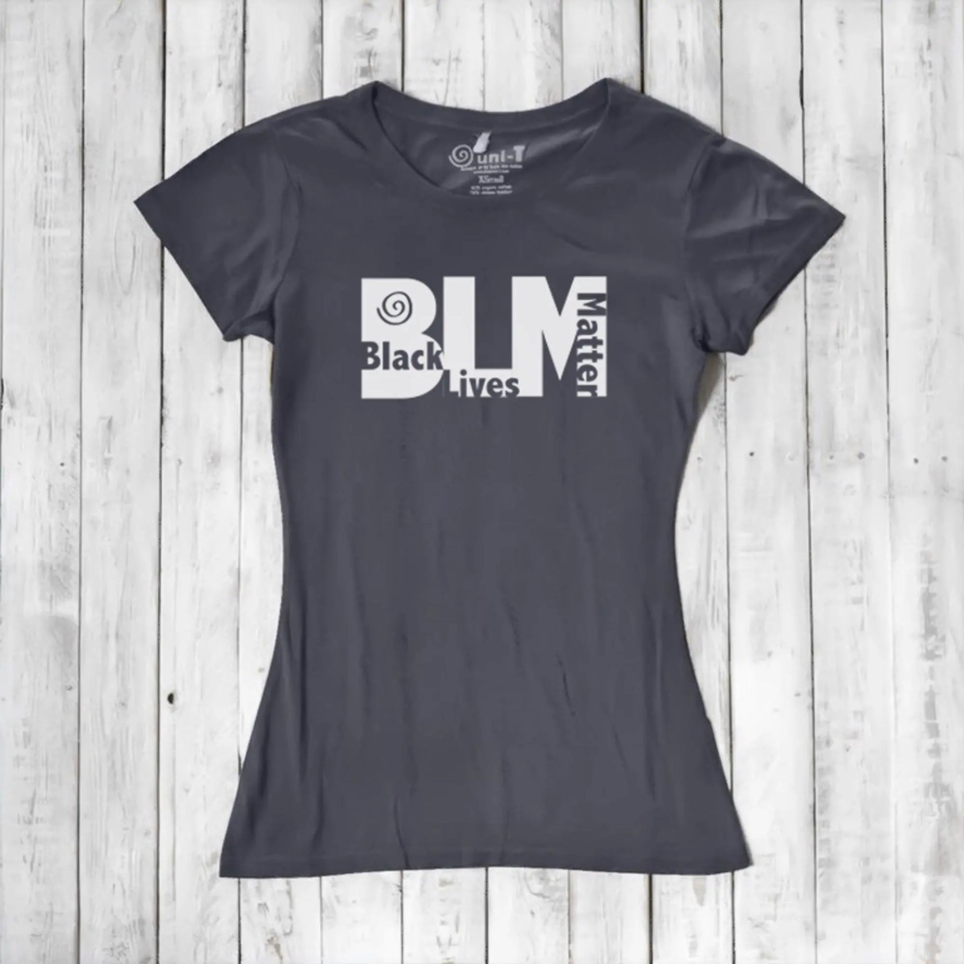 Charcoal gray Women's BLM T-Shirt in bamboo and organic cotton. Ethical fashion tee promoting social justice by Uni-T.