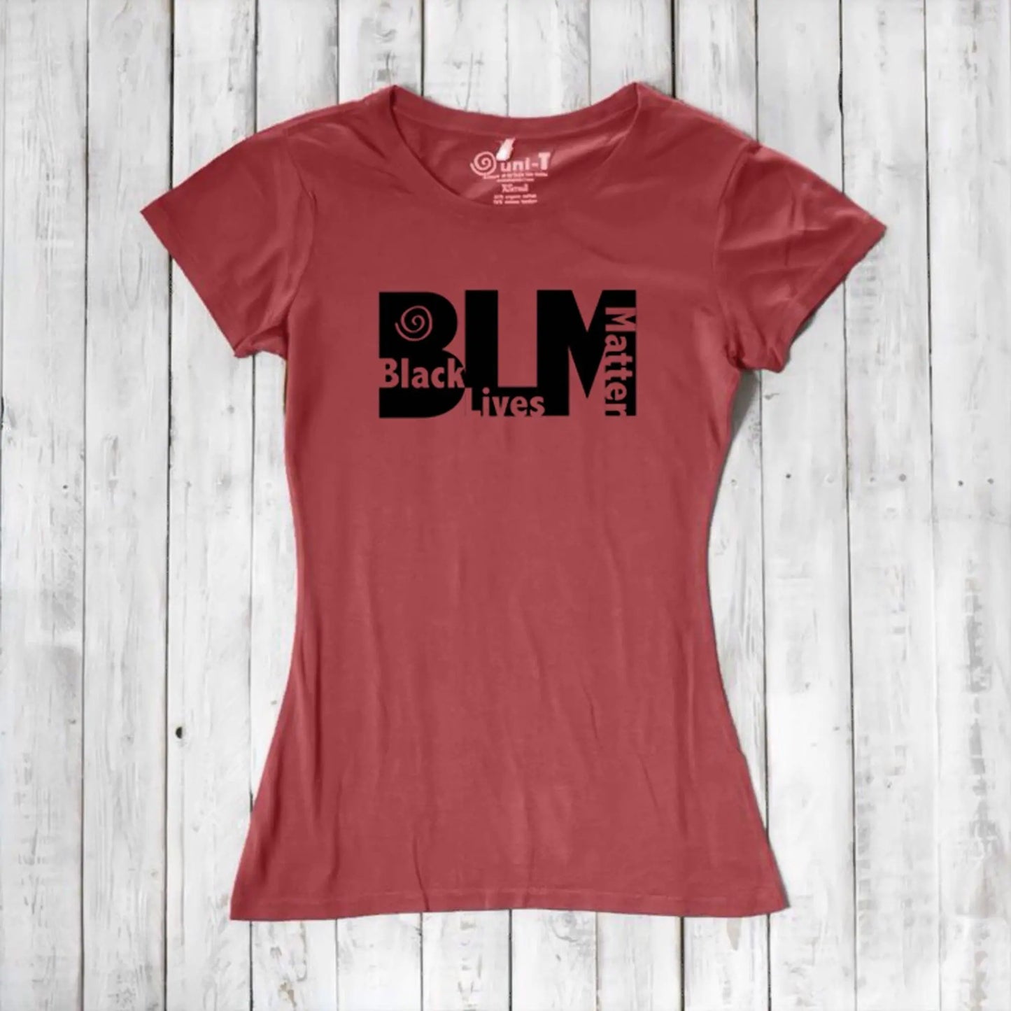 Red Women's BLM T-Shirt in bamboo and organic cotton. Bold social justice graphic tee for activists by Uni-T.